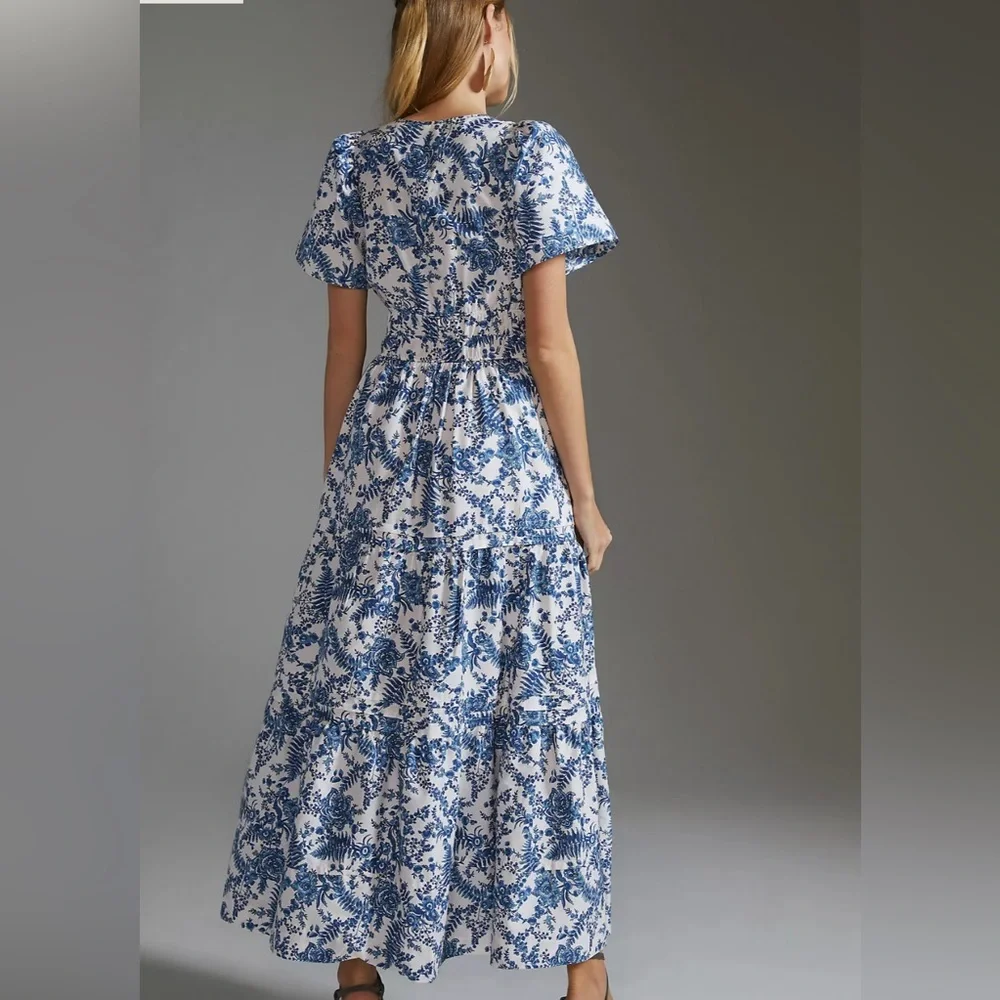 Anthropologie Blue and White Floral Tiered Maxi Dress - Picture 4 of 8